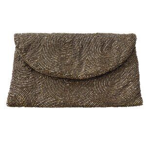 Moyna Beaded Clutch Handbag Gold Tone Swirl Pattern Gold Snap Front Satin Lining